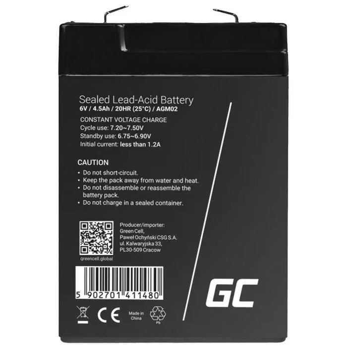 Maintenance-free AGM VRLA Battery Green Cell AGM02 6V 4.5Ah (for alarm system cash register toy)
