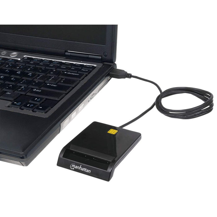 Manhattan USB-A Contact Smart Card Reader, 12 Mbps, Friction type compatible, External, Windows or Mac, Cable 105cm, Black, Three Year Warranty