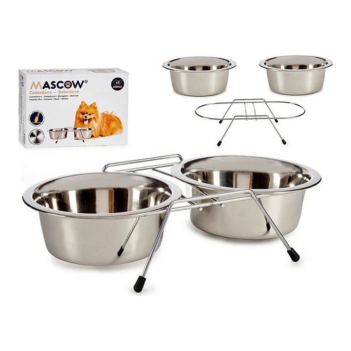 Pet feeding dish Mascow Silver Stainless steel 800 ml 16,3 x 8 x 34,5 cm 35 x 18,5 x 9 cm 17 x 6 x 34 cm Double