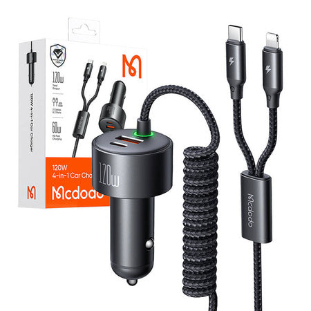 Mcdodo CC-0370 car charger USB-C Lightning 120W retractable cables - Car chargers<<<Chargers<<<GSM