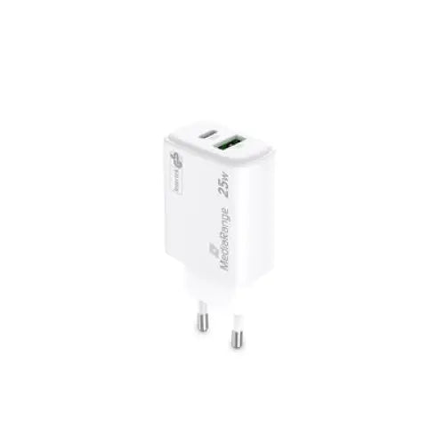 MediaRange Fast charging adapter 25W GaN 1x USB-C and 1x USB-A White - Адаптери за зареждане<<<Кабели и