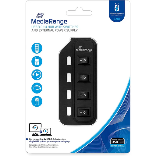 MediaRange USB Hub 4x USB Type-A 3.0 - Хъбове и адаптери<<<Компютърна периферия<<<MediaTrade