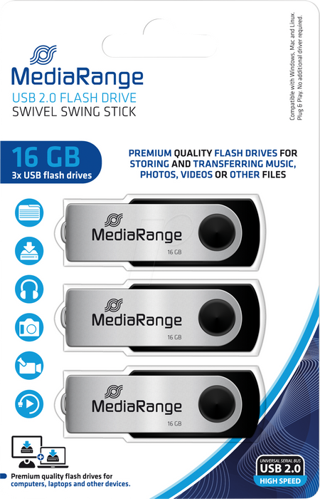 MediaRange USB flash drives, 16GB, 3 pieces