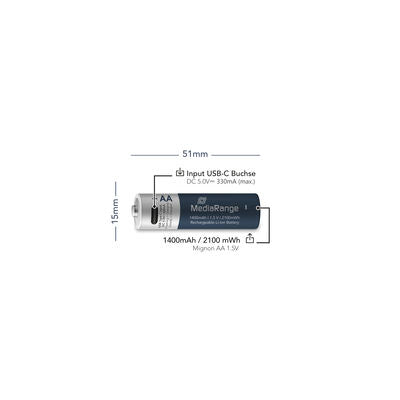 MediaRange Rechargeable USB-C Li-ion batteries, Micro AAA I 1.5 VI 500 mAh, 4 pieces