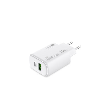 MediaRange Fast charging adapter 25W GaN 1x USB-C and 1x USB-A, White