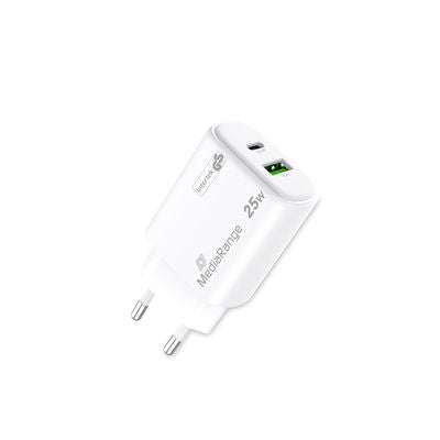 MediaRange Fast charging adapter 25W GaN 1x USB-C and 1x USB-A, White
