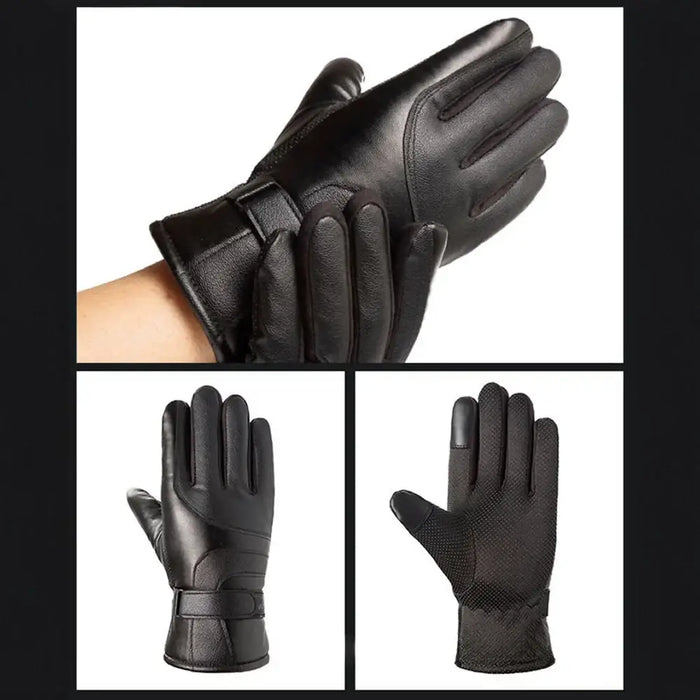 Men’s insulated PU leather phone gloves - black - Cycling gloves<<<HurtelXML