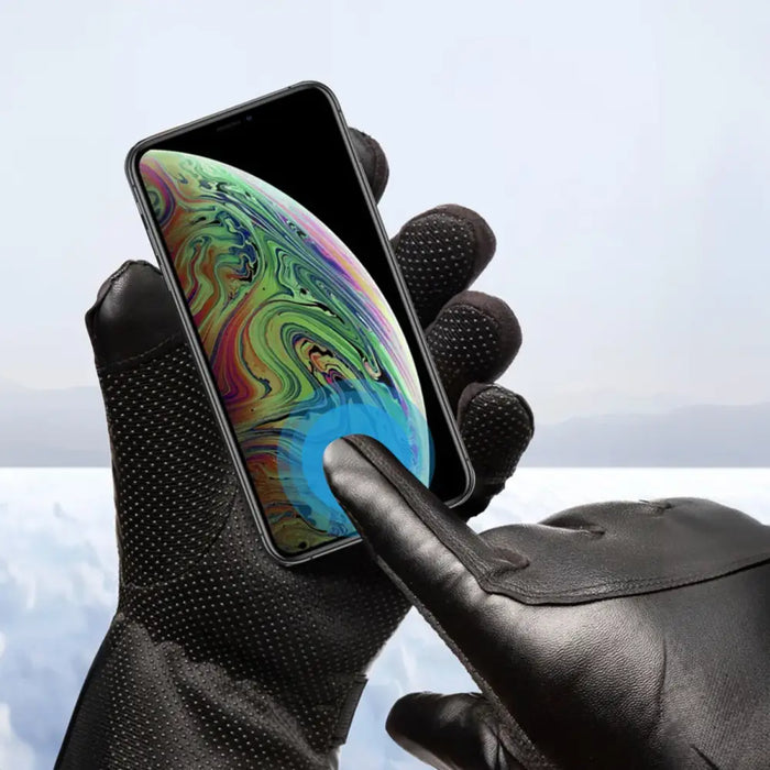 Men’s insulated PU leather phone gloves - black - Cycling gloves<<<HurtelXML
