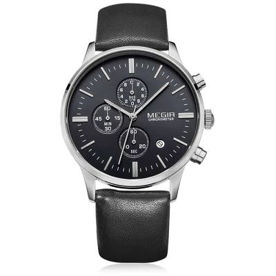 Men’s waterproof quartz watch with leather strap MEGIR 2011 - Black-silver-black - Men’s Watches