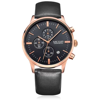 Men’s waterproof quartz watch with leather strap MEGIR 2011 - Black-gold-black - Men’s Watches
