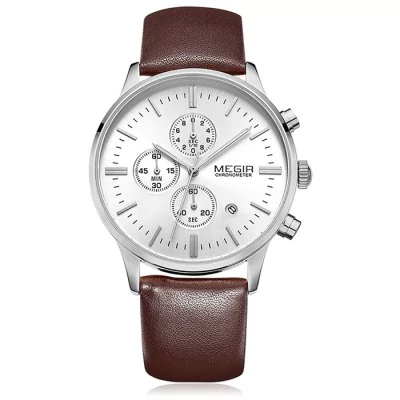Men’s waterproof quartz watch with leather strap MEGIR 2011 - Brown-silver-white - Men’s Watches