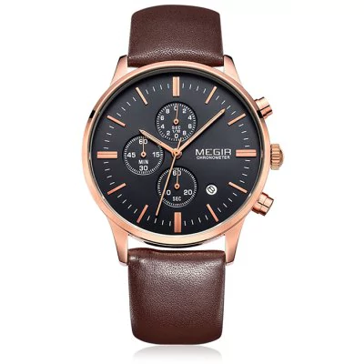 Men’s waterproof quartz watch with leather strap MEGIR 2011 - Brown-gold-black - Men’s Watches