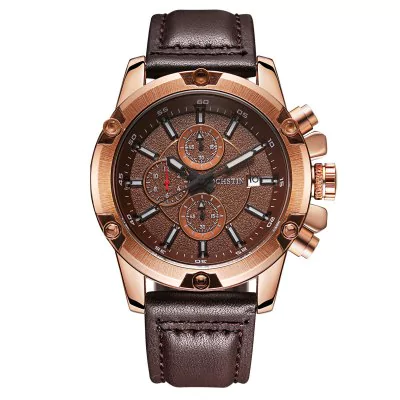 Men’s waterproof quartz watch with leather strap OCHSTIN 075B - coffee gold - Men’s Watches