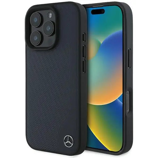 Mercedes MB Wood Imitation Leather MagSafe Case for iPhone 16 Pro Max - Navy Blue - Cell phone cases