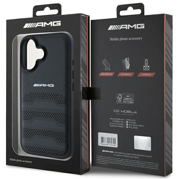 AMG Leather Debossed Lines Black Logo iPhone 16 Case - Black