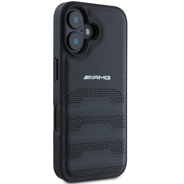 AMG Leather Debossed Lines Black Logo iPhone 16 Case - Black