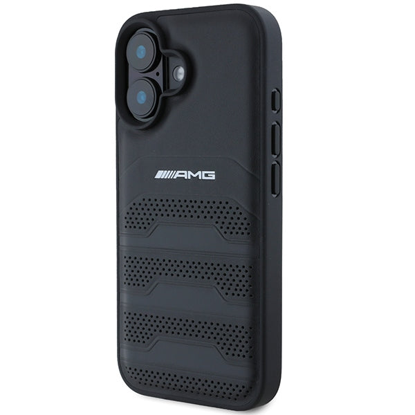 AMG Leather Debossed Lines Black Logo iPhone 16 Case - Black