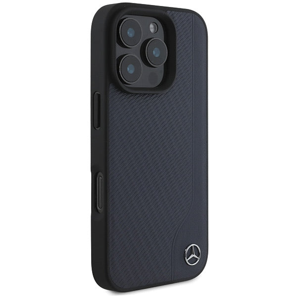 Mercedes MB Wood Imitation Leather MagSafe Case for iPhone 16 Pro Max - Navy Blue