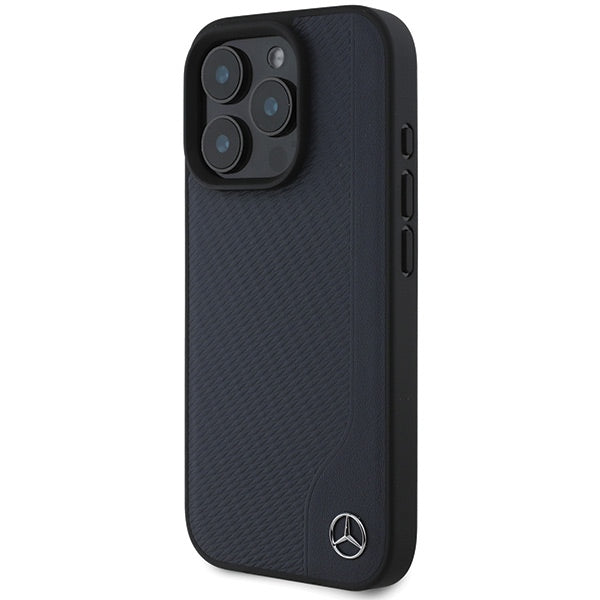 Mercedes MB Wood Imitation Leather MagSafe Case for iPhone 16 Pro Max - Navy Blue