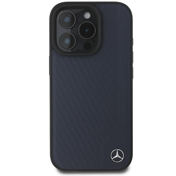 Mercedes MB Wood Imitation Leather MagSafe Case for iPhone 16 Pro Max - Navy Blue