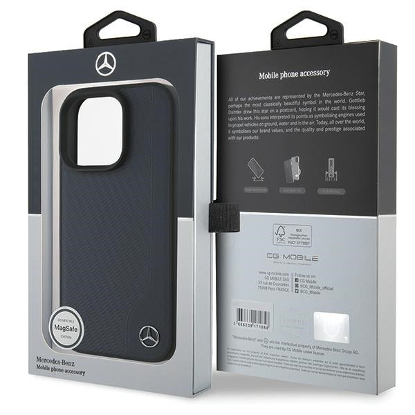 Mercedes MB Wood Imitation Leather MagSafe Case for iPhone 16 Pro Max - Navy Blue