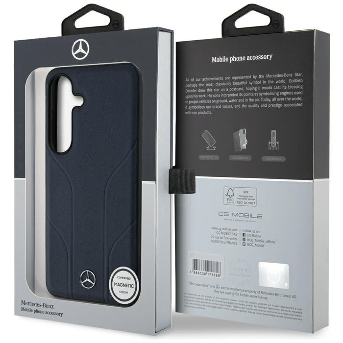 Mercedes Leather Debossed Lines MagSafe Case for Samsung Galaxy S25 - Blue