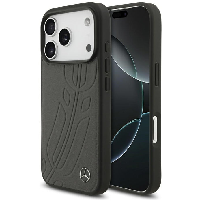 Mercedes Leather Large Laurel Leave MagSafe Case for iPhone 17 Pro - Black and Gray