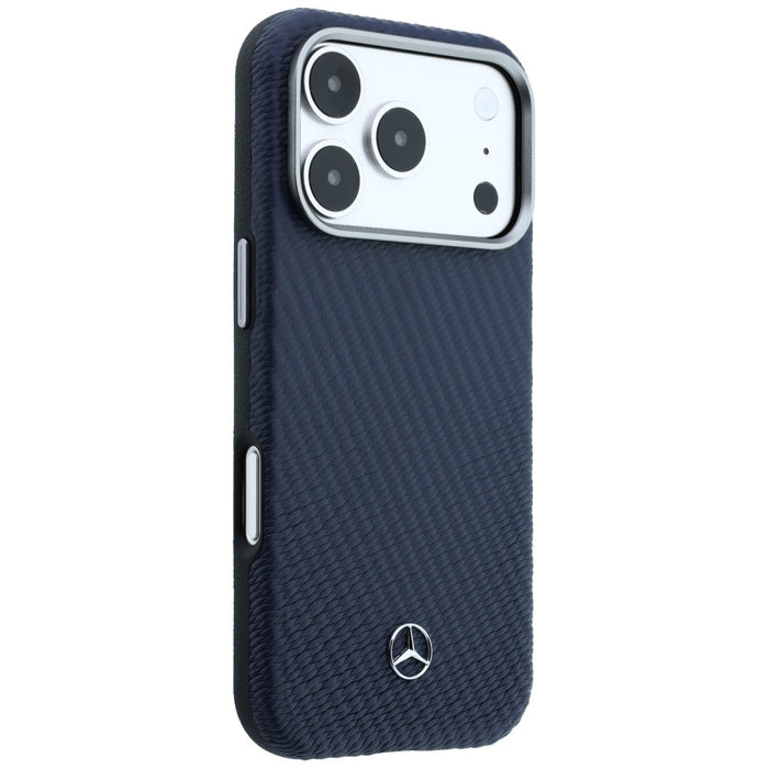 Mercedes Leather Semi Wrap Wood Effect MagSafe Case for iPhone 17 Pro Max - Navy Blue