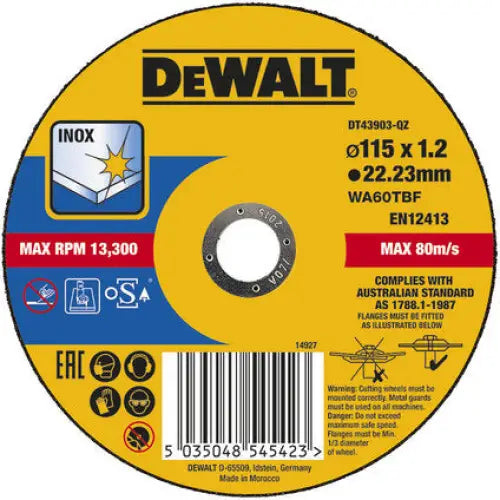 METAL CUTTING DISC INOX DEWALT DT43903-QZ 115x1.2x22.23 - Дискове за ъглошлайфи<<<Консумативи за