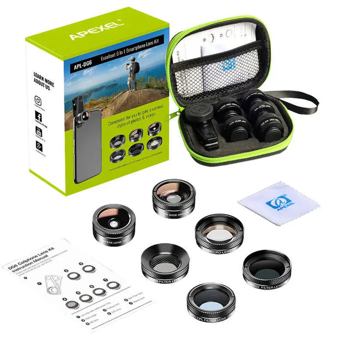 Mobile lens kit APEXEL APL-DG6V2 6 in 1 universal (black) - Phone lenses<<<Accessories<<<Photo and cameras<<<InnproXML