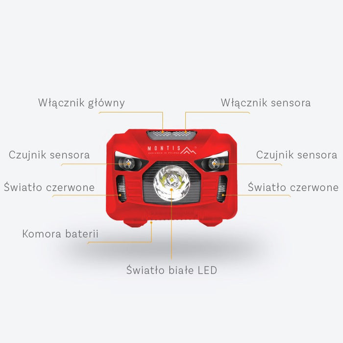 Montis Bateryjna latarka nagłowna z sensorem MT002 Red, Black Headband flashlight LED