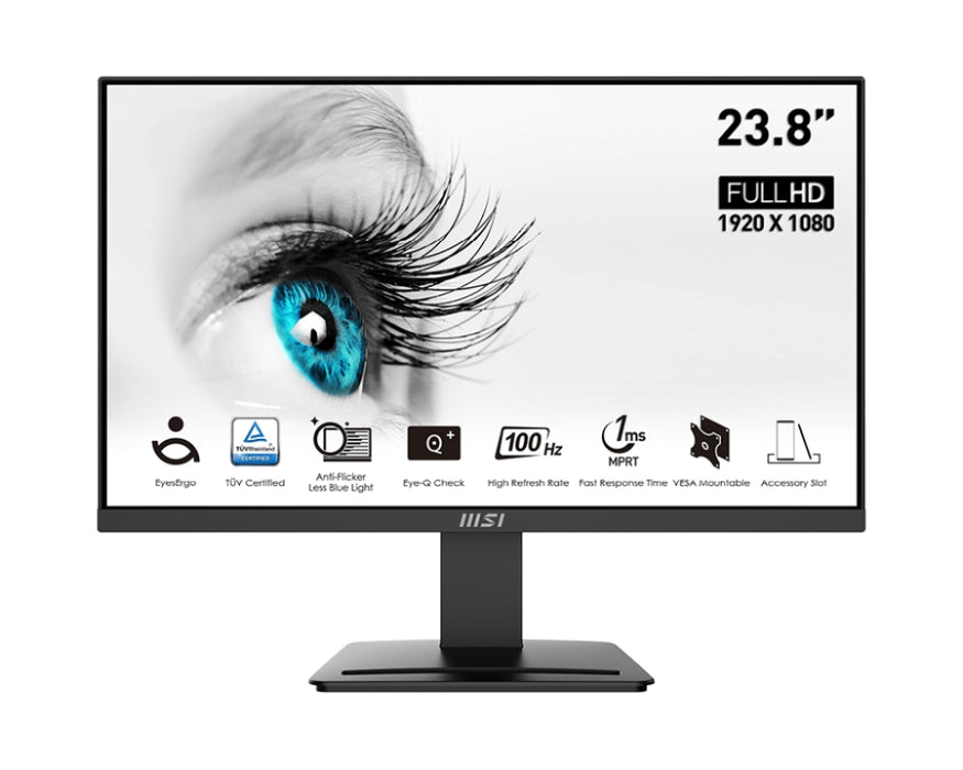 MSI PRO MP2412, 23.8", 100Hz, 1920x1080 FHD, VA, 1ms MPRT, 4ms GTG, 4000:1 CONTRAST RATIO, Anti-glare, 1x HDMI, 1x DP, VESA 75, Tilt, 300 cd/m2, 113% (CIE 1976), VESA 75mm, Display Kit App, T?V certified anti-flicker, 9S6-3BA9CH-042