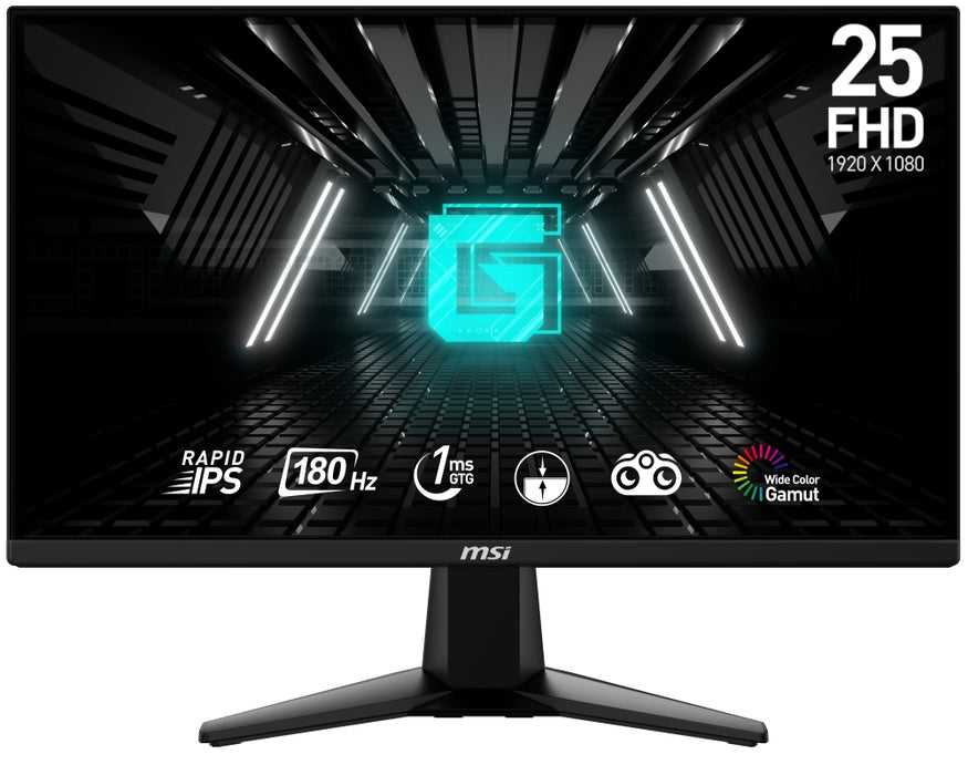 MSI G255F, 24.5", Rapid IPS, 180Hz, 1ms, 1920x1080 FHD, Anti-glare, Adaptive-sync, Night Vision, Frameless, Anti-Flicker, Less Blue Light, 300 nits, 1000:1, 100M:1, 1x Display Port (1.2a), 2x HDMI (2.0b), Headphone out, Tilt, FRAMELESS, 3.24 kg