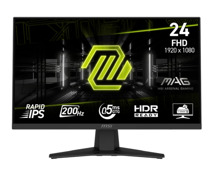 MSI MAG 244F, 23.8", 0.5ms, 200Hz, Rapid IPS, 1920x1080 (FHD), 16:9, AMD FreeSync Premium, 96% DCI-P3, AG, HDR Ready, 300 nits, 1000:1, DCR 100M:1, DP(1.2a), HDMI 2.0b, Tilt, VESA, Black, 2.9kg