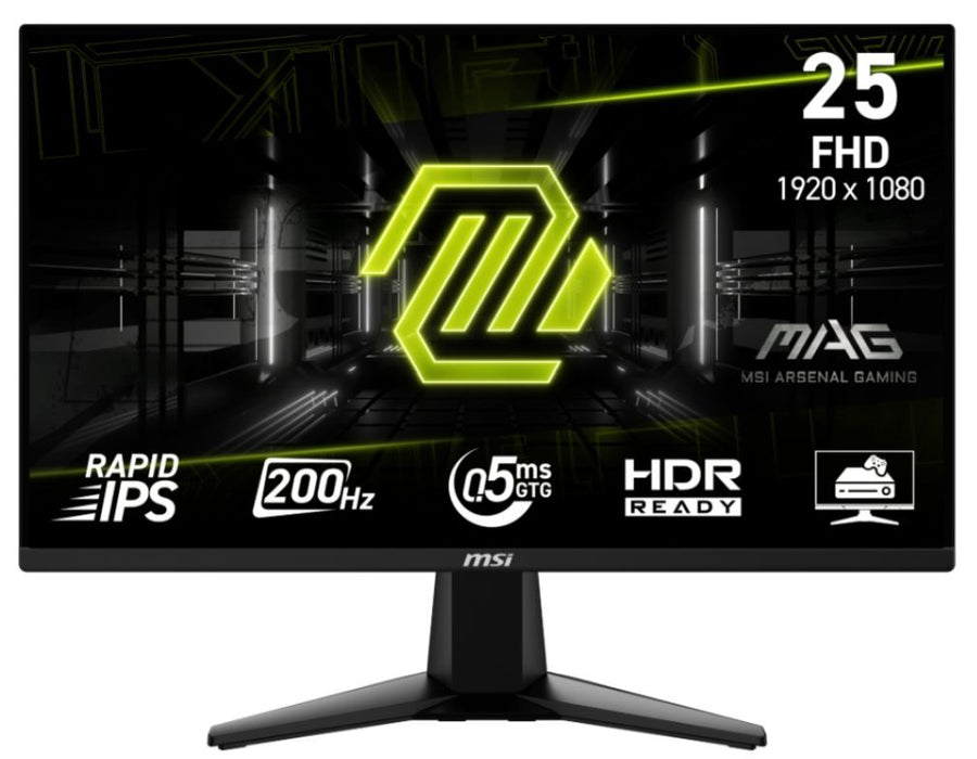 MSI MAG 255F E20, 24.5", 0.5ms, 200Hz, Rapid IPS, 1920x1080 (FHD), 16:9, AMD FreeSync Premium, 79% DCI-P3, AG, HDR Ready, 300 nits, 1000:1, DCR 100M:1, DP(1.2a), 2xHDMI 2.0b, Tilt, VESA, Black, 3.24kg