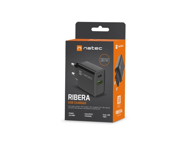Natec USB Charger Ribera 1X USB-A + 1X USB-C 20W Black - Аксесоари<<<NATEC компютърна