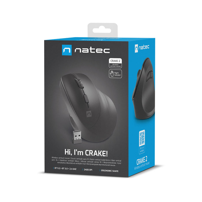 Natec Vertical Mouse Crake 2  BLUETOOTH 5.2 + 2.4GHZ BLACK 2400dpi, Right handed, black
