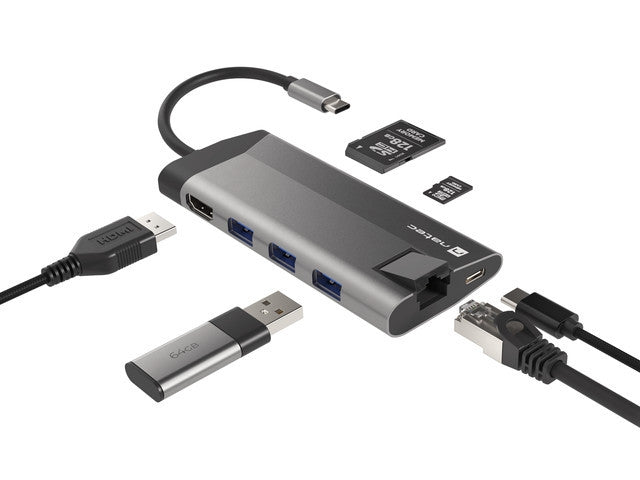 Natec Fowler Plus Multiport Adapter 8 in 1, USB 3.0 HUB, HDMI 4K, USB-C PD, RJ45, SD, Micro