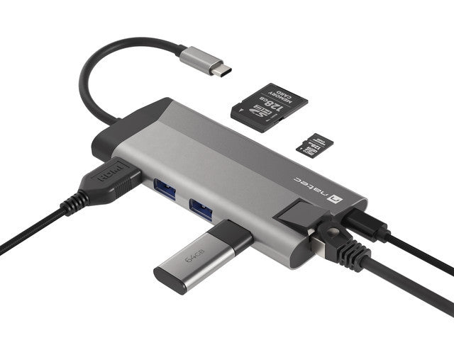 Natec Fowler Plus Multiport Adapter 8 in 1, USB 3.0 HUB, HDMI 4K, USB-C PD, RJ45, SD, Micro