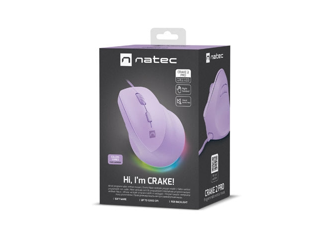 Natec Vertical Mouse Crake 2 Pro 12800DPI Optical Pure Lavander