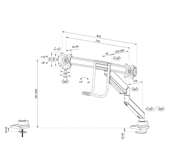 Neomounts Screen Desk Mount 2 screens (topfix clamp & grommet) for 2 Monitor Screens, Black