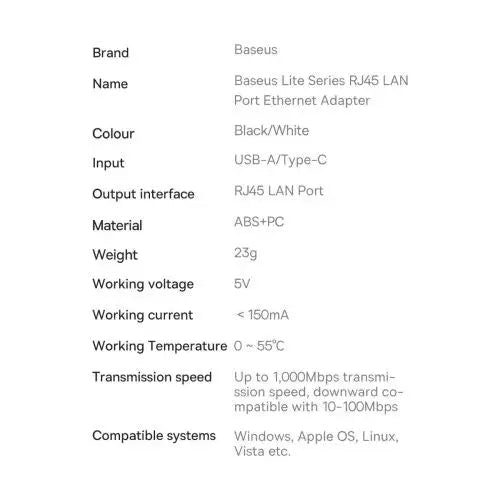 Network adapter Baseus Lite Series USB-C to RJ45 (black) - Network<<<Основна<<<DunaXML&&&Adapters connectors
