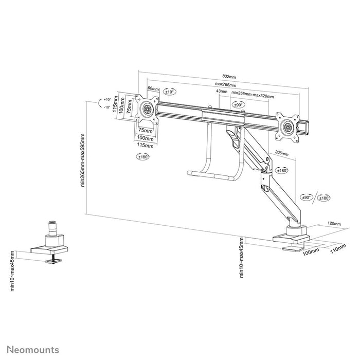 Neomounts Monitor arm 10-32" - gas spring - Topfix - 180°-stop