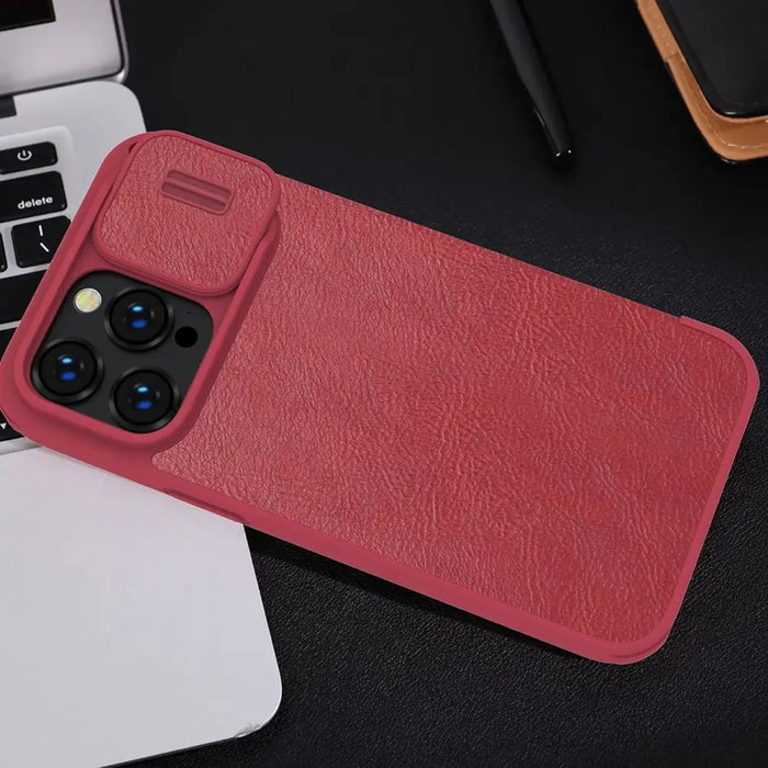 Nillkin Qin Leather Pro Case iPhone 14 Pro Camera Cover Holster Cover Flip Case Brown - Cell phone cases