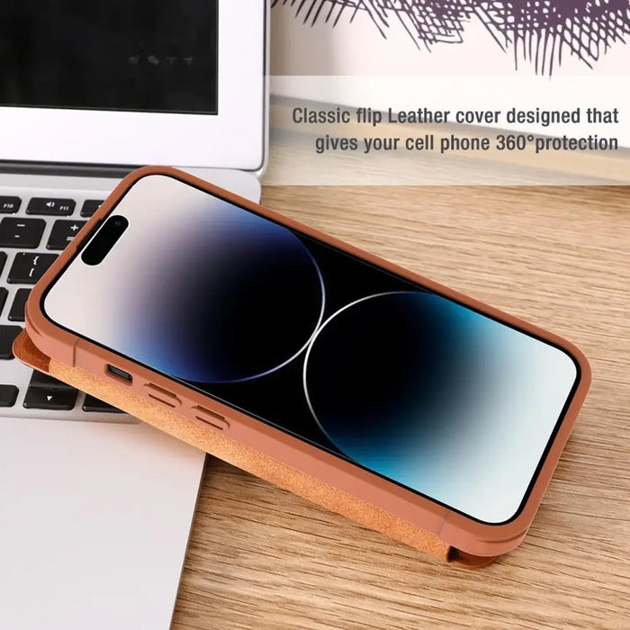Nillkin Qin Leather Pro Case iPhone 14 Pro Camera Cover Holster Cover Flip Case Brown - Cell phone cases