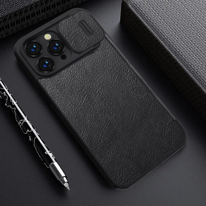 Nillkin Qin Leather Pro Case iPhone 14 Pro Camera Cover Holster Cover Flip Case Brown - Cell phone cases