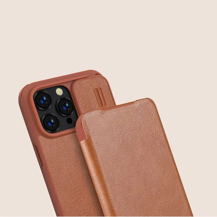 Nillkin Qin Leather Pro Case iPhone 14 Pro Camera Cover Holster Cover Flip Case Brown - Cell phone cases