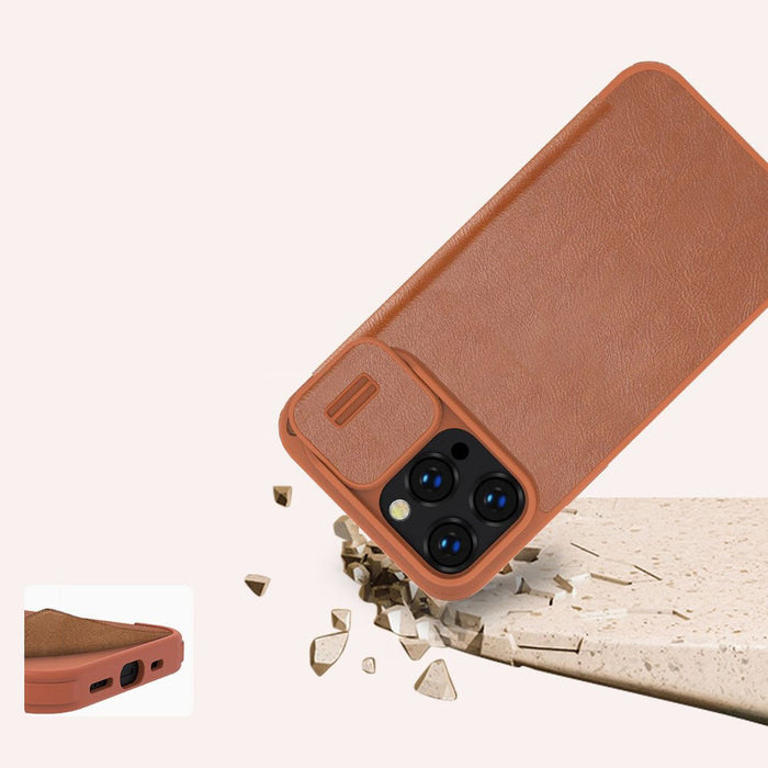 Nillkin Qin Leather Pro Case iPhone 14 Pro Max Camera Cover Holster Cover Flip Case Brown - Cell phone cases