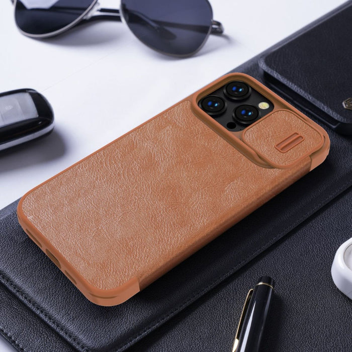Nillkin Qin Leather Pro Case iPhone 14 Pro Max Camera Cover Holster Cover Flip Case Brown - Cell phone cases