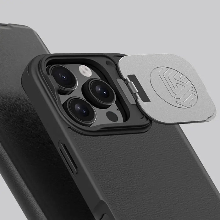 Nillkin Qin Prop Leather Case with Camera Cover and Stand for iPhone 16 Pro Max - Black - Cell phone cases